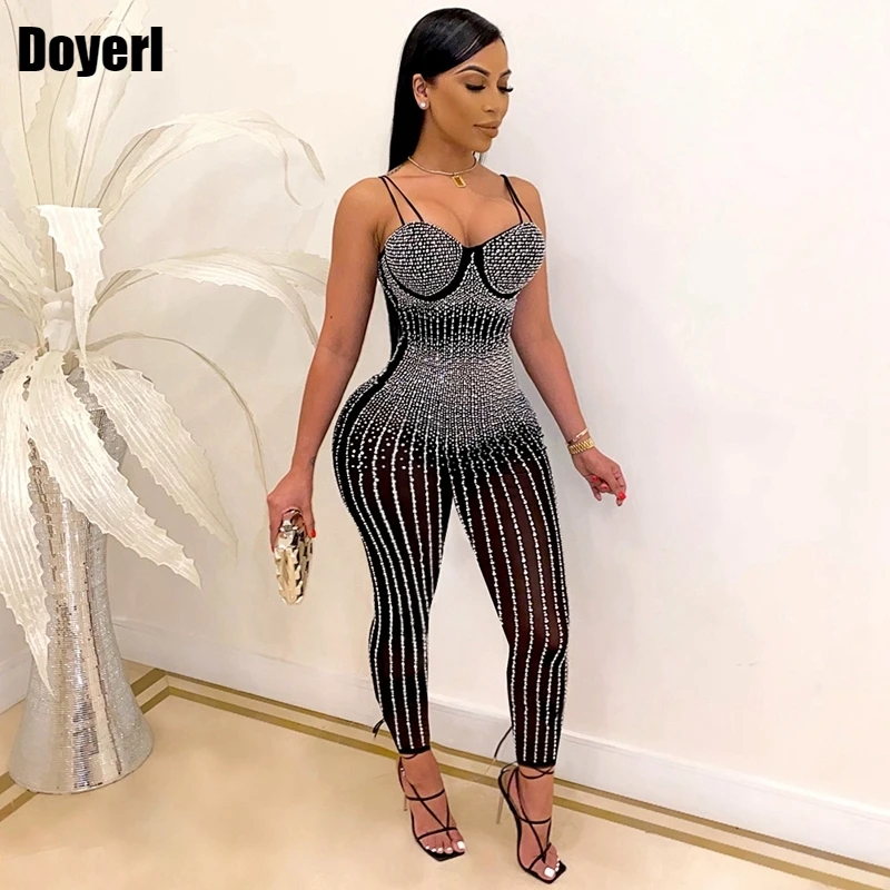 Mono Sexy para para mujer, ropa de fiesta, trajes cumpleaños, Bodycon, brillantes Diamante de imitación, mono transparente de malla| | AliExpress