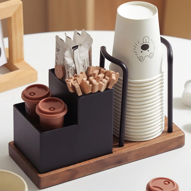 Wooden Coffee Station Organizer with Cup Holder and Condiment Storage-Coffee Bar Accessory for Disposable Cups and Supp