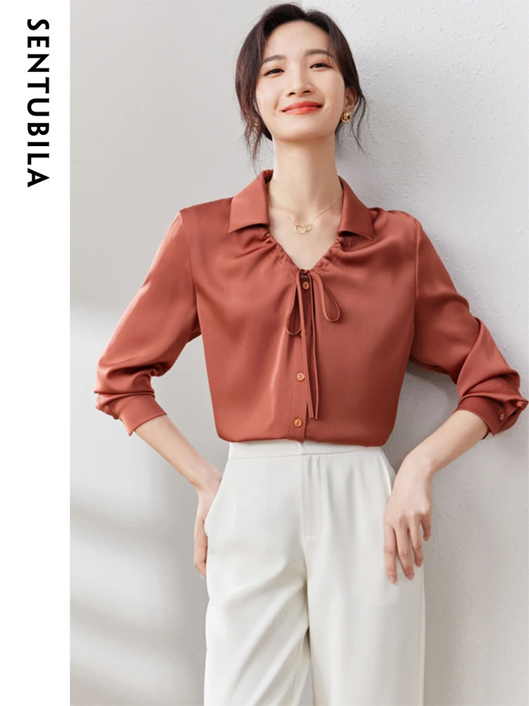 

SENTUBILA Elegant Collared V Neck Chiffon Shirts for Women Fashion 2023 Straight Relaxed Fit Long Sleeve Tops Shirts and Blouses