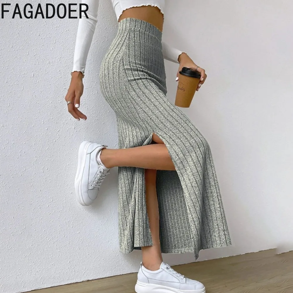 FAGADOER Spring Elegant Knitting Side Slit Skinny Skirts Women High Waisted Straight Skirt Casual Female Solid Matching Bottoms spring kids sneakers for running boys casual sport shoes outdoor slip on breathable girls socks shoes breathable knitting boots