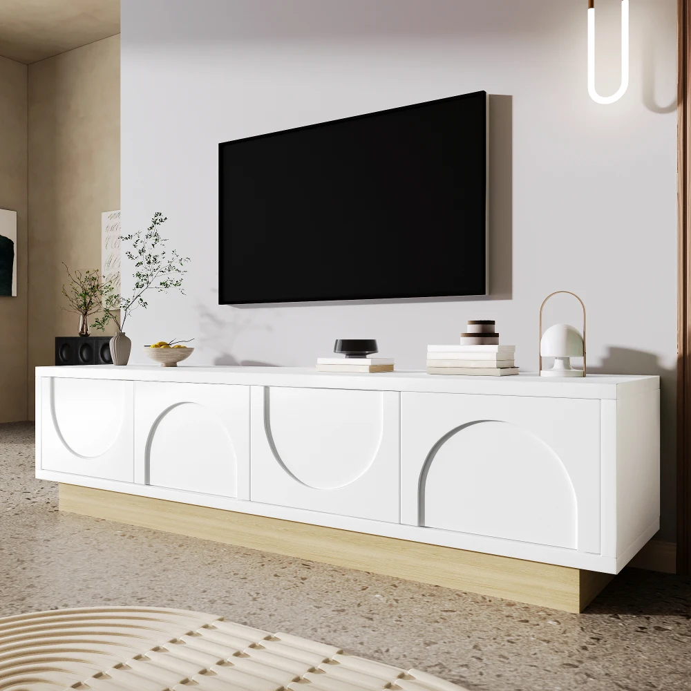 PINGGO 175CM Moderner weißer TV-Schrank mit Holzschnitzerei, minimalistischem Kurvendesign, ausreichend Stauraum und Kabelmanagement – Detail 6