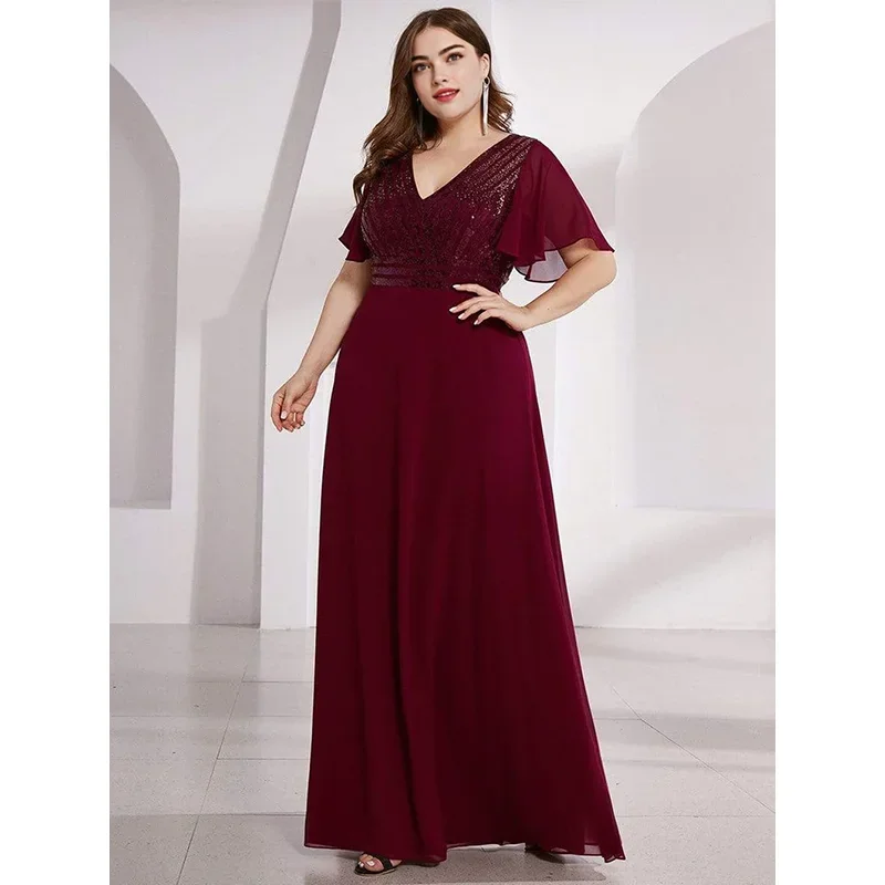 

Plus Size Burgundy Striped Sequined Chiffon Floor-Length Evening Dress Summer Elegant Big Size V-Neck Chiffon Dress 4xl 5xl