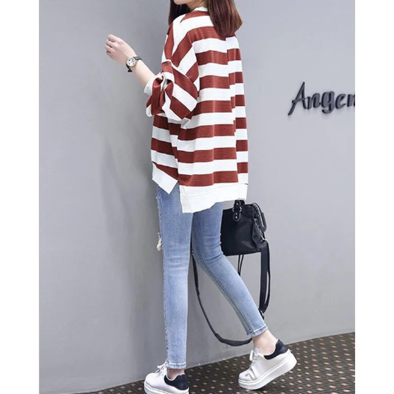 2022 Winter Fleece Thick Korean Striped Asymmetry Oversized Streetwear Female Sweatshirt Women Casual Fashion Loose Pullover Top