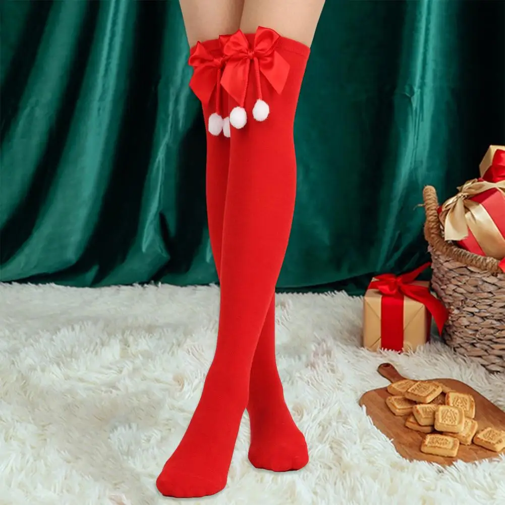 

Comfortable Stockings Christmas Themed Women's Over Knee Socks Festive Striped Print Solid Color Bowknot Decor High for Thigh