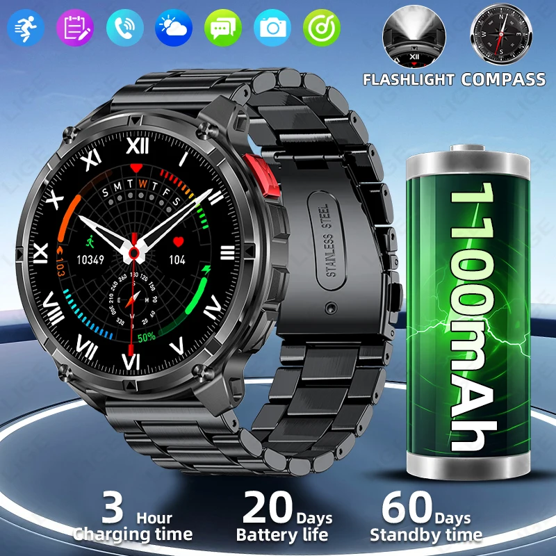 LIGE 1100mAh Large Battery Smartwatch LED Light Compass Men Outdoor Sport Watch Voice Assistant Wireless Call 1.7" HD Wristwatch