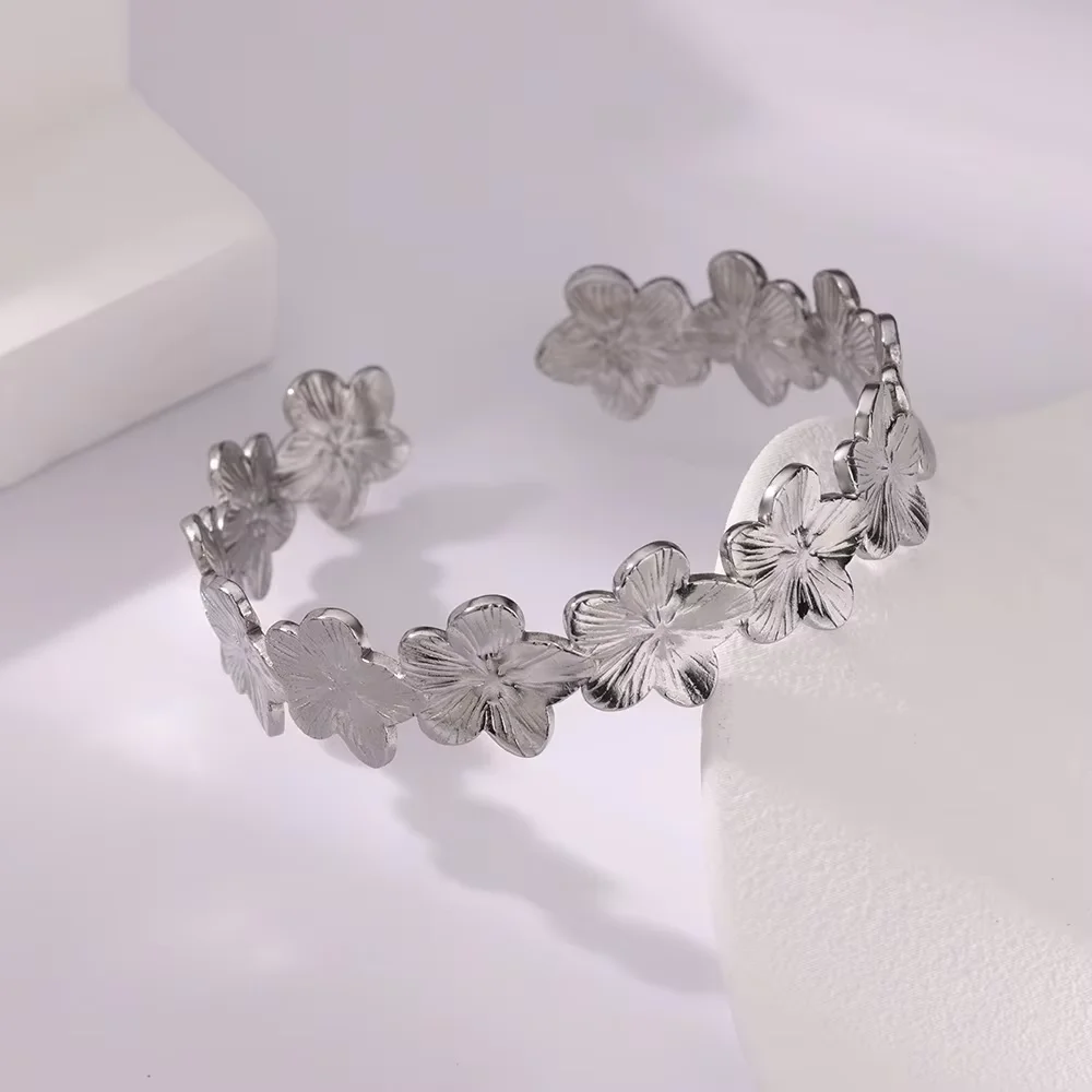 Gold Color Geometric Aesthetic Flower Leaf Bangle - Stainless Steel Bracelet