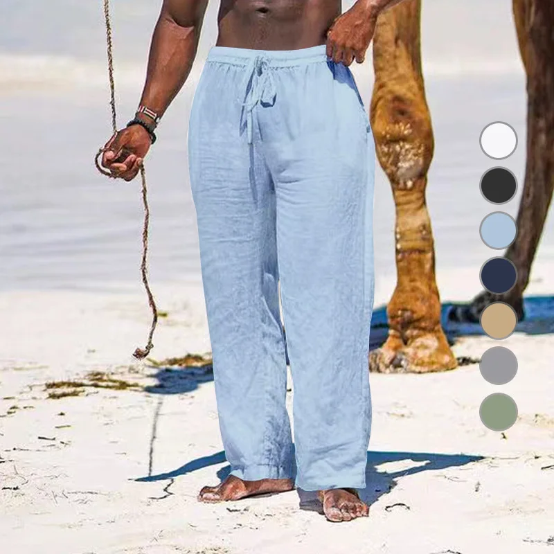 Casual Loose Cotton Linen Men Pants Summer Male High Elastic Waist Wide Leg Sand Holiday Beachwear Straight Full Trousers