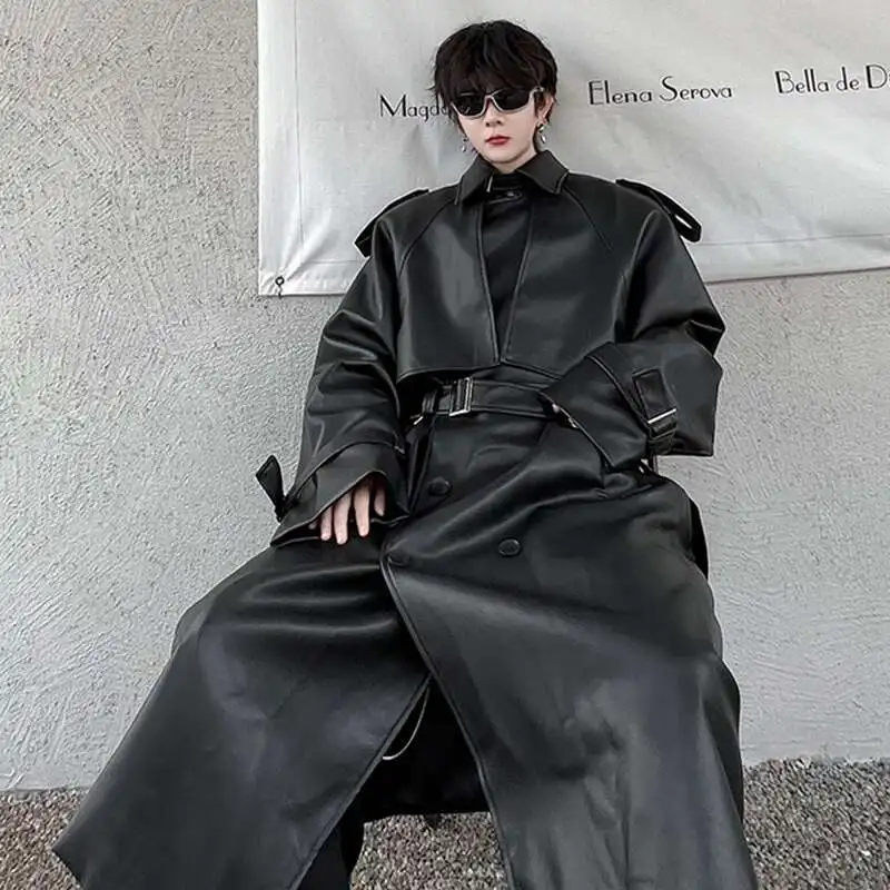 IEFB 남성용 롱 코트, 중간 길이 가죽 트렌치, 사파리 스타일, 니치 디자인, 프리미엄 스트리트웨어 트렌드, 남성 PU 바람막이, 9C2027