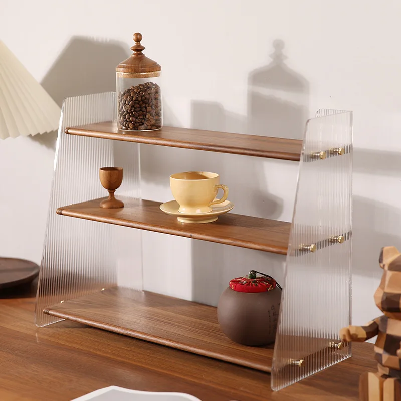 

Household Desktop Shelf Simple Retro Kitchen Cups Dresser Cosmetic Storage Acrylic Plus Logs Three-Layer Ladder Organizers