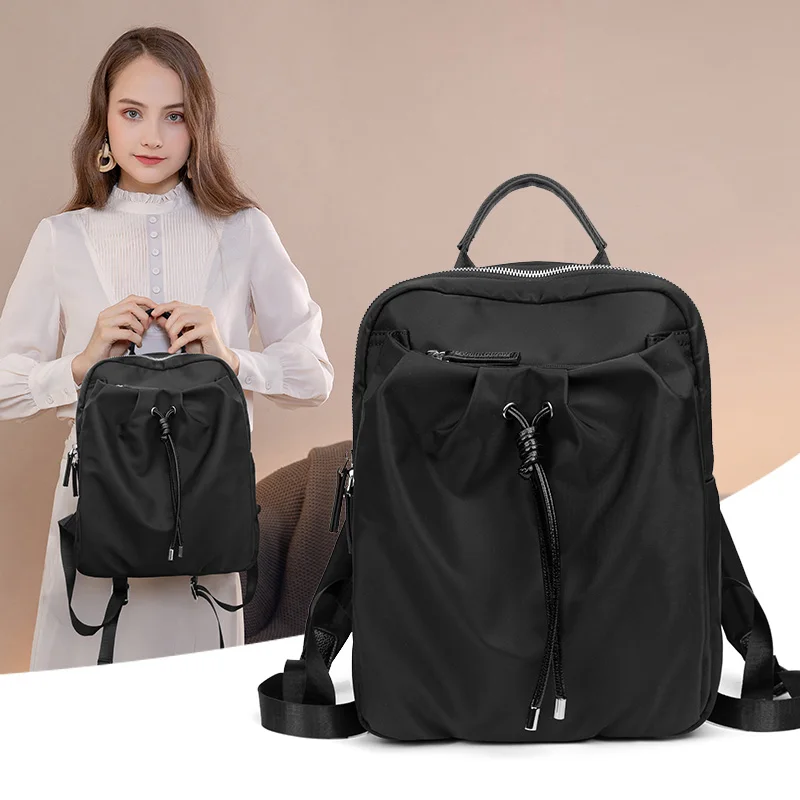 Bag for Woman Aesthetic Backpack Fashion Design Girl Bags Pleated Fabric Drawstring Cute Thin Back Pack Foldable Light Schoolbag 2