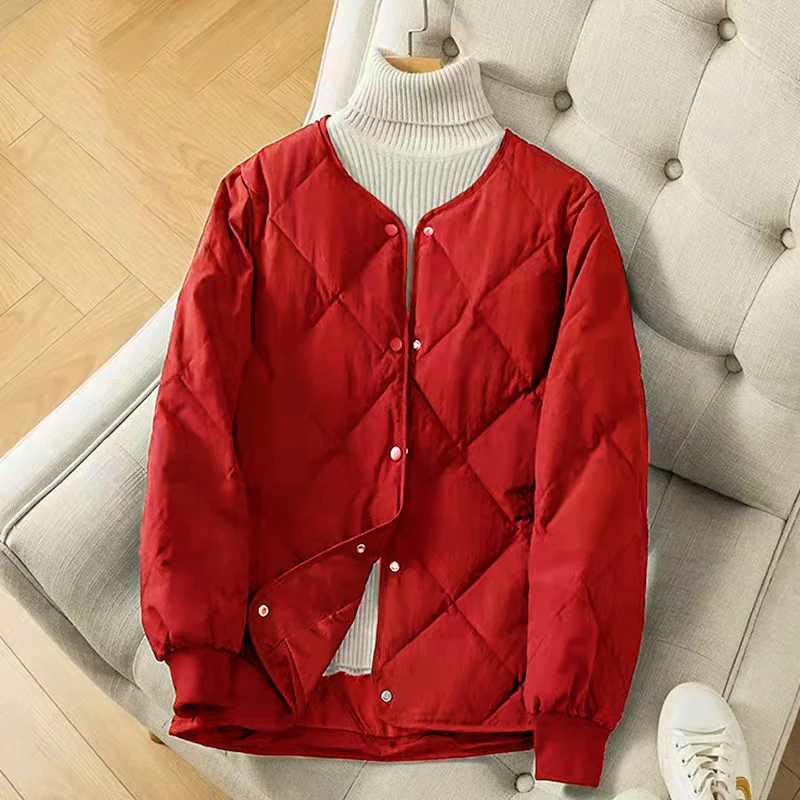 Fall Winter Down Parkas Women Solid Color Round Neck Short Jacket Ultra Light Plaid Long Sleeve Puffer Coat Korean Loose Outwear