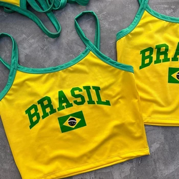 Brasile Giallo Moda Donna Camis Canotte Estate Top Senza maniche Lettera Stampa Bustier Vest Crop Top Casual Cami Backless Y2k Tees 1