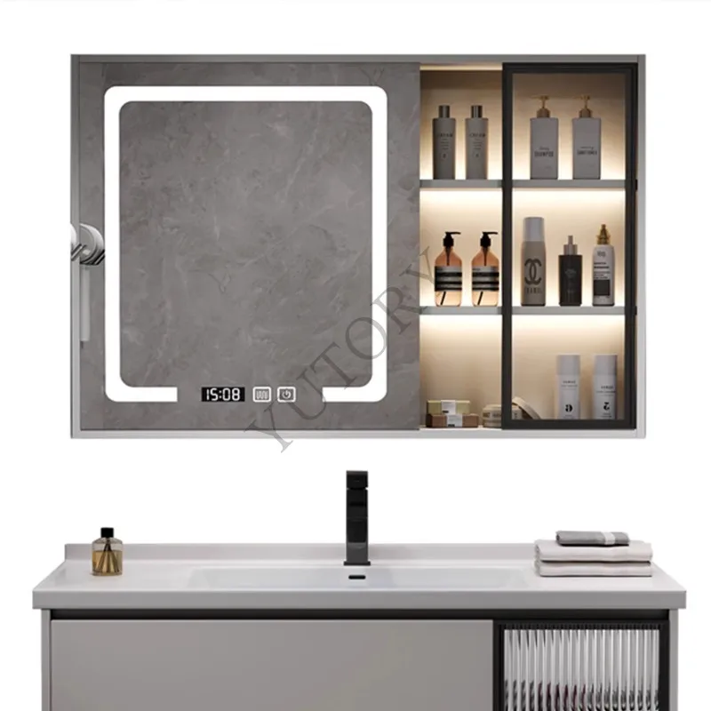 Solid wood smart bathroom mirror cabinet with lamp storage glass door defogging bathroom mirror wall-mounted type with rack