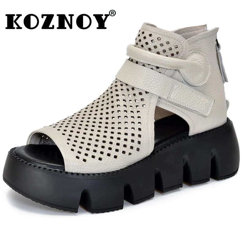 

Koznoy 5.5cm Genuine Leather Boots Chimney Ankle Booties Motorcycle Moccasins Buckle Women Fashion Summer Sandals Hollow Shoes