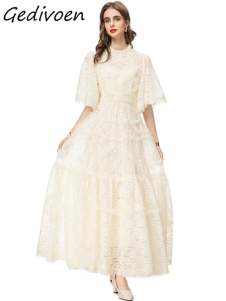 

Gedivoen весеннее модное дизайнерское бежевое винтажное женское платье с круглым вырезом и рукавом до локтя, Сетчатое Кружевное облегающее длинное платье с высокой талией