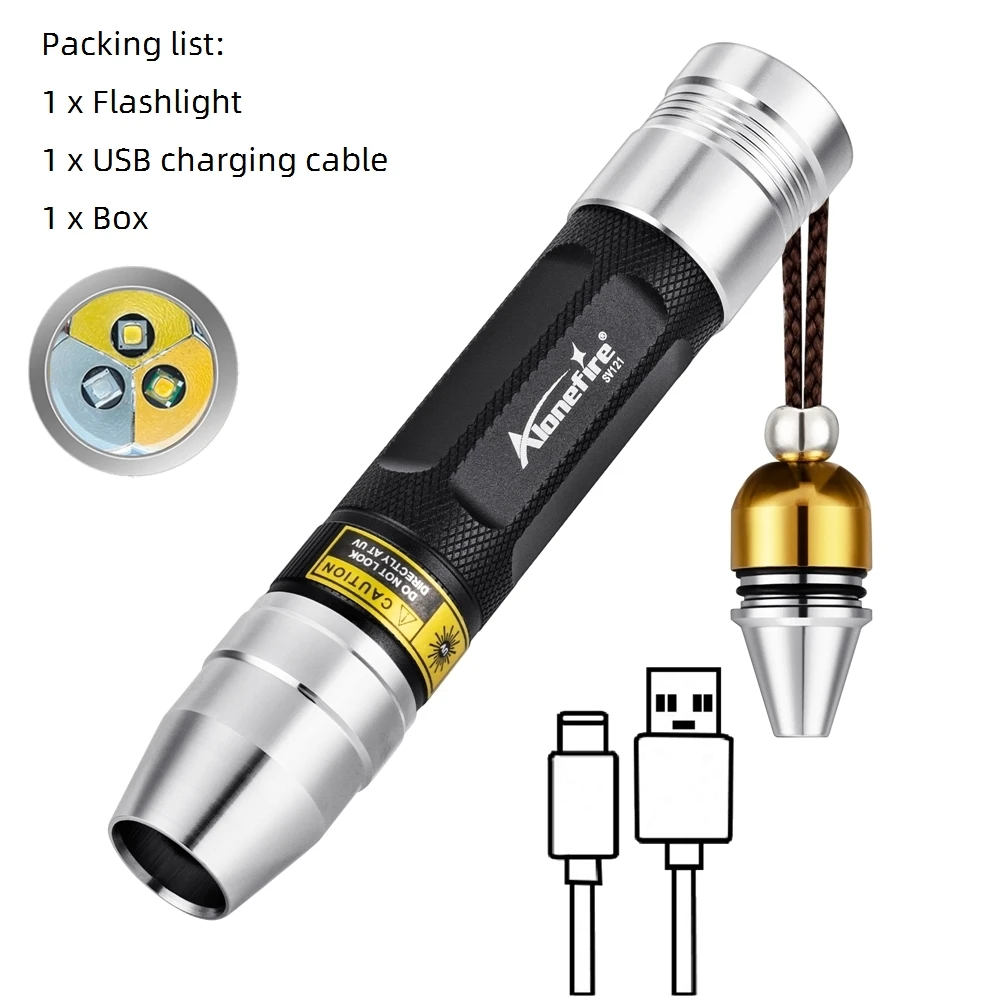 פנס זיהוי 3 ב-1 צהוב/UV עם טעינה באמצעות USB לתכשיטים, אבן ידידותית לסביבה, סמן כתמים לחיות מחמד, אור כסף ועקרב