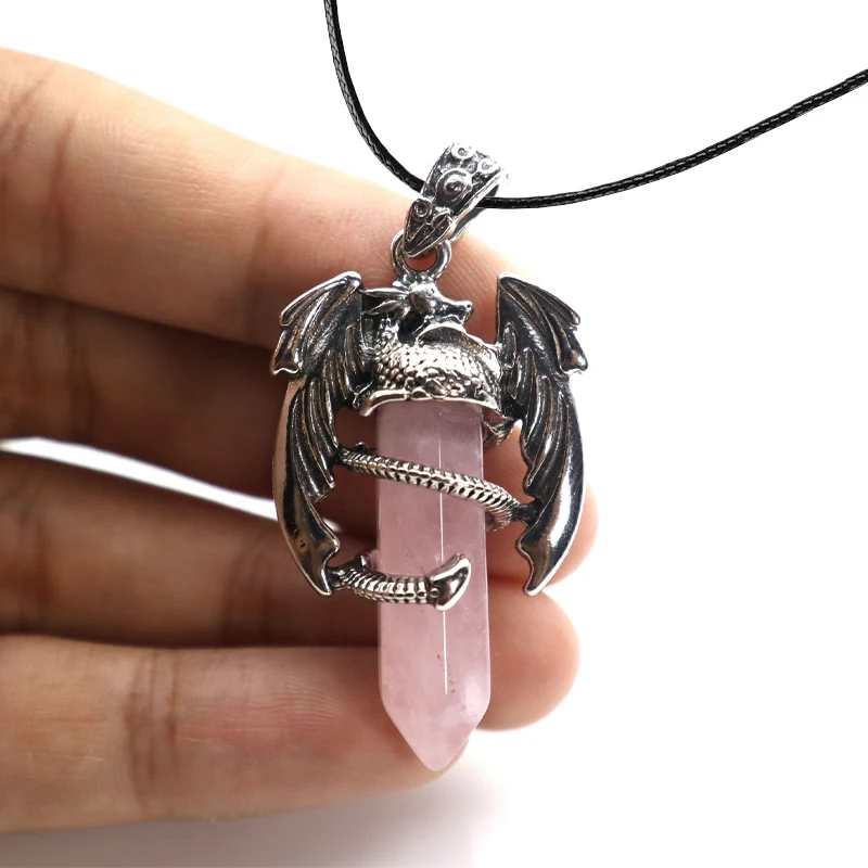 2025, Tier-Drachenmann-Halskette, natürlicher Edelstein, heilender rosa Quarz, sechseckiger Kristall-Anhänger, Vintage-Schmuck für Frauen, Geschenk