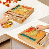 Bamboo Organizer Food Film Dispenser Wrap Dispenser with Cutter Storage Box Aluminum Foil Stretch Film Cutter Kitchen Accessorie 4