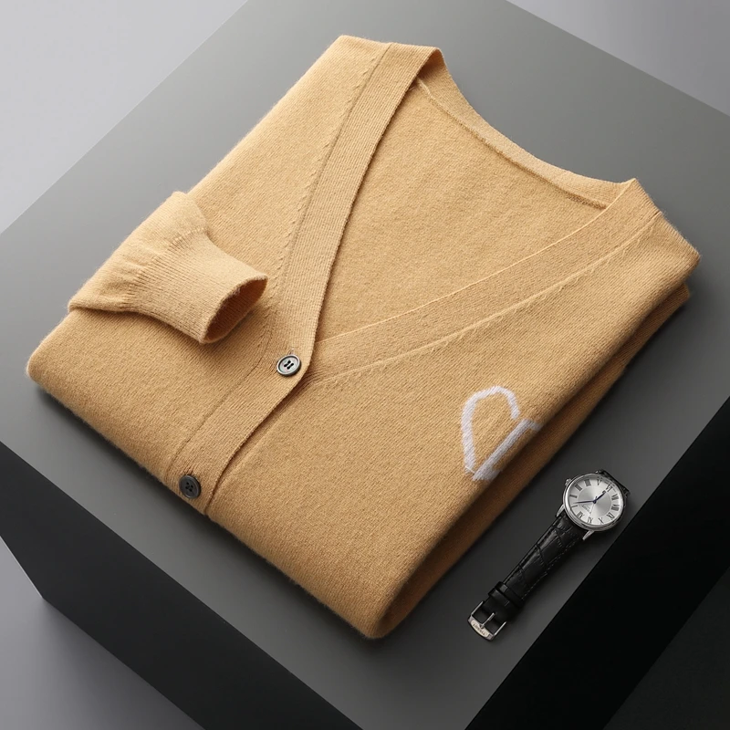 Casual autumn and winter new 100% cashmere cardigan V-neck loose and fashionable knitted top for men, warm base layer