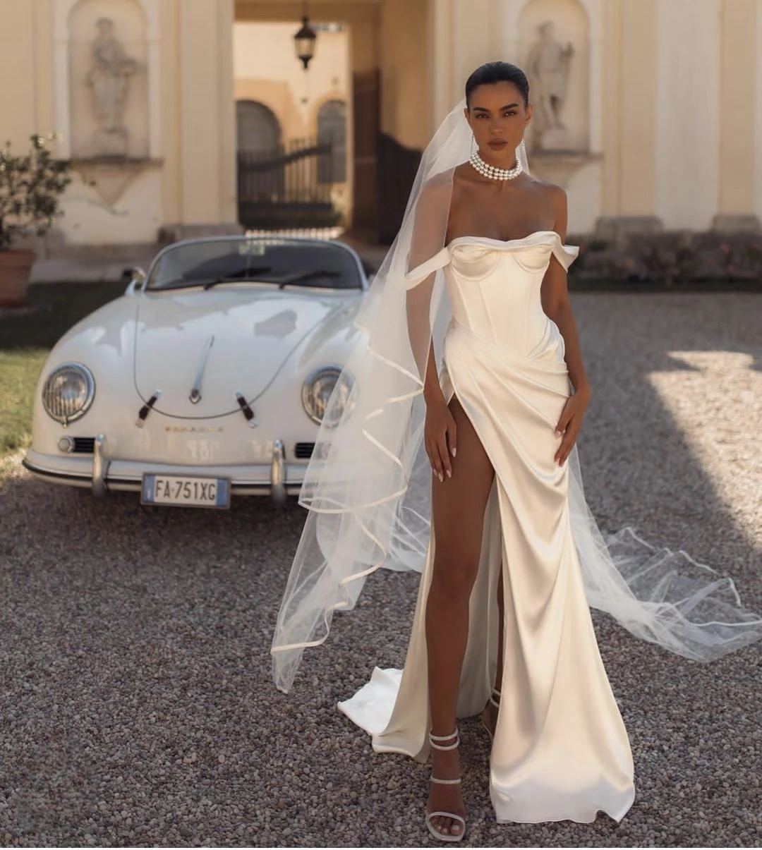 

Off The Shouder Satin Wedding Dress Side Slit Mermaid Mermaid For Women Customize To Measures Robe De Mariee Bridal Gowns 2024
