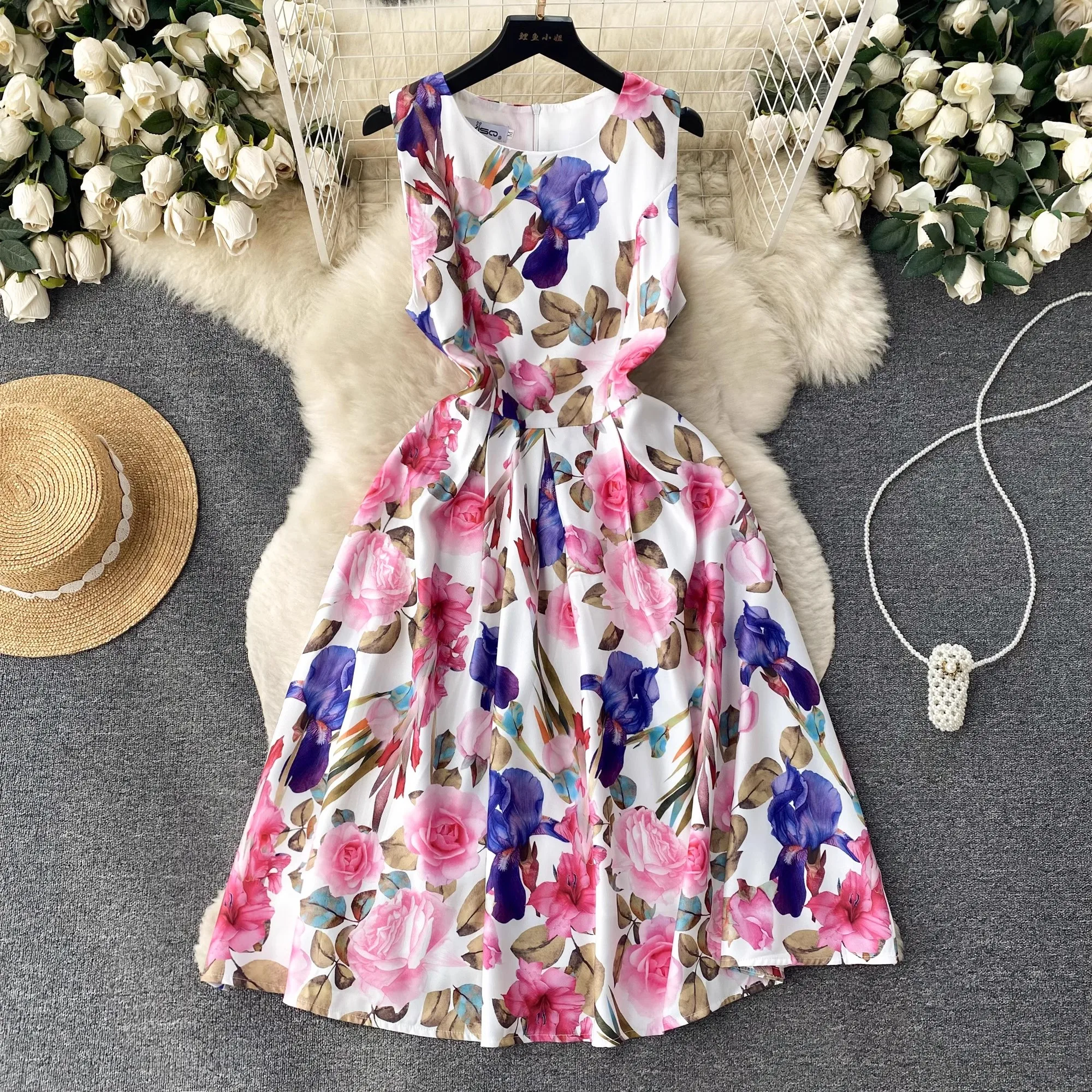 

High Quality Pink Floral Print A-line Midi Dresses Runway Summer Sleeveless Tank Dress Femme Party Vestidos De Festa M8241