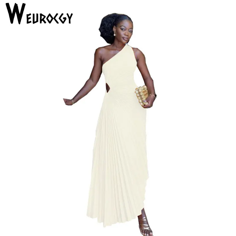 

Summer One Shoulder Sexy Party Prom Evening Vestidos Women One Shoulder Sleeveless Diagonal Collar Pleated A-Line Lady Dresses