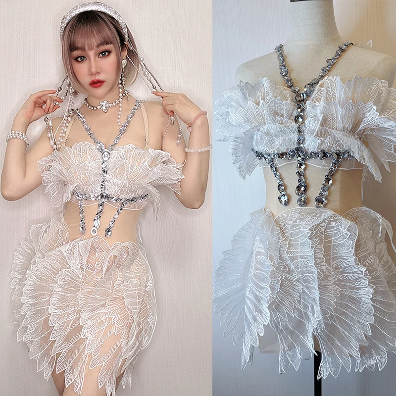 

White Mesh Sexy Rhinestones Bodysuit Nightclub Bar Dj Costumes Women Gogo Dancers Pole Dance Clothes Stage Festival Wear DN15488