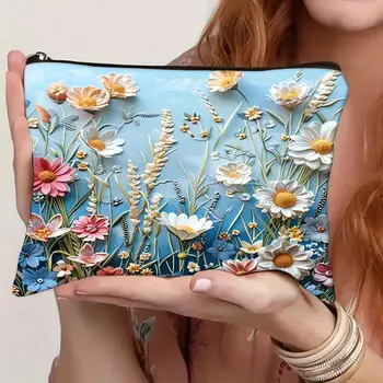 Borsa per trucco stampata fronte-retro floreale Boho Borsa per organizer da viaggio Borsa per cosmetici da donna in lino per regalo