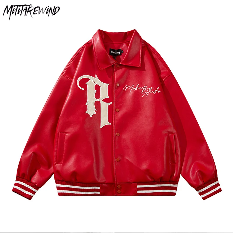 

American Streetwear Hip Hop Pu Leather Jackets Women Casual Letter Print Casual Loose Oversized Baseball High Street Jackets