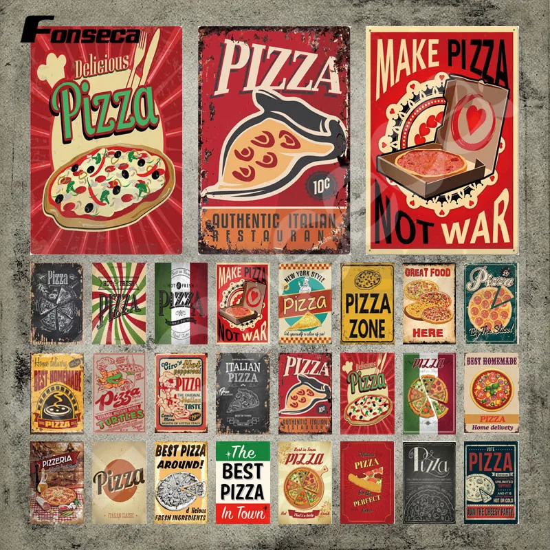 

Delicious Pizza Vintage Tin Sign Fast Food Metal Signs Wall Stickers Iron Painting Metal Plate for Pizza Zone Restraunt Decor