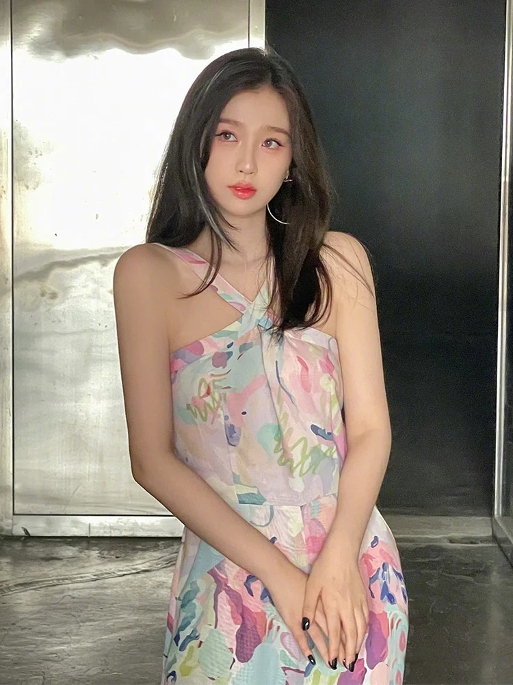 

Celebrity Yu Shuxin's Same Style Hanging Neck and Strap Jumpsuit for Women's Summer 2022 New Waist Shrinking Printing Wide Leg