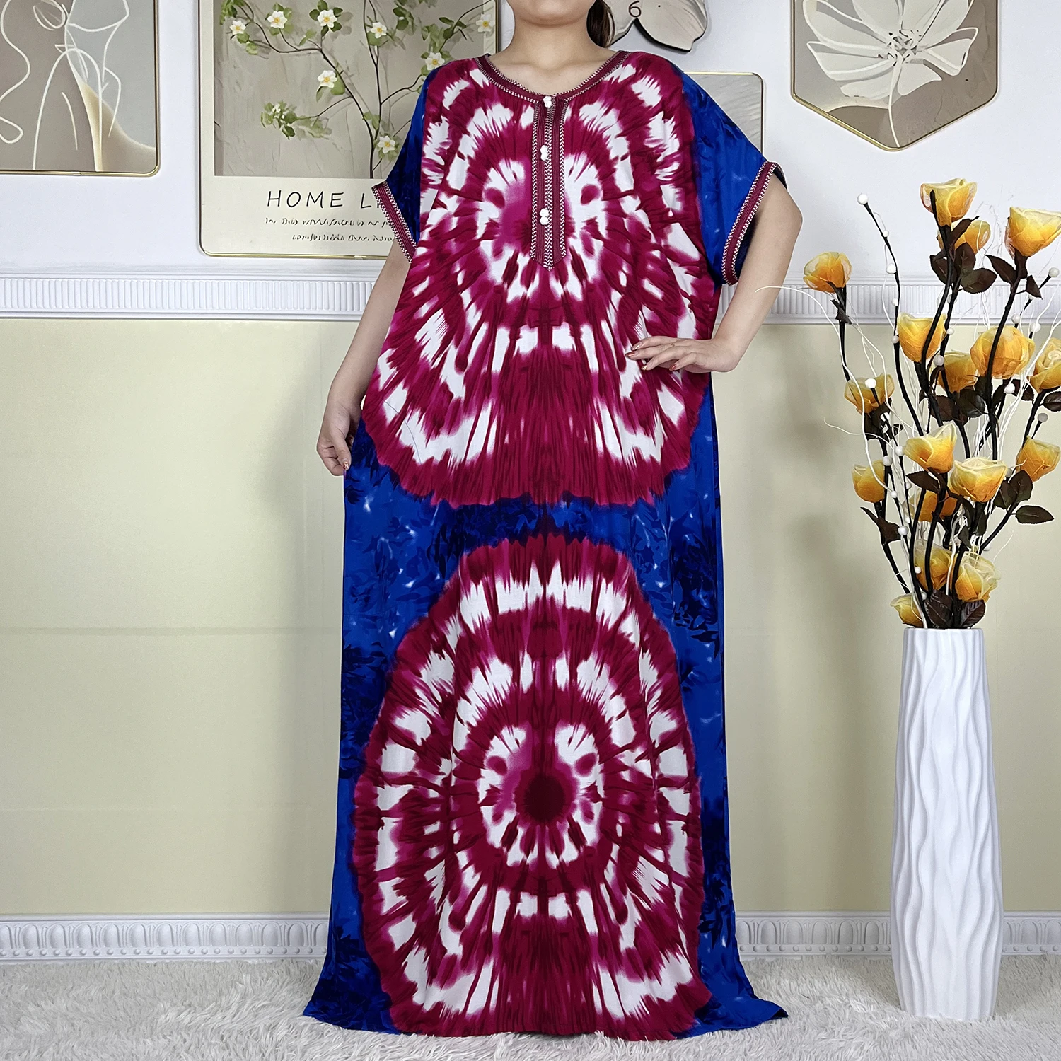 2024 New Dubai Women Dashiki Elegant Dresses Cotton Floral Printed Tie-dyed Short Sleeve Maxi Loose Islam African Abaya Clothing
