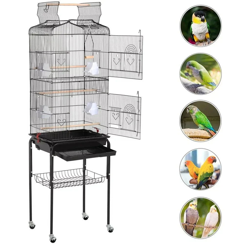 

64'' Bird Cage Play Open Top Small Parrot Cockatiel with Rolling Stand Black