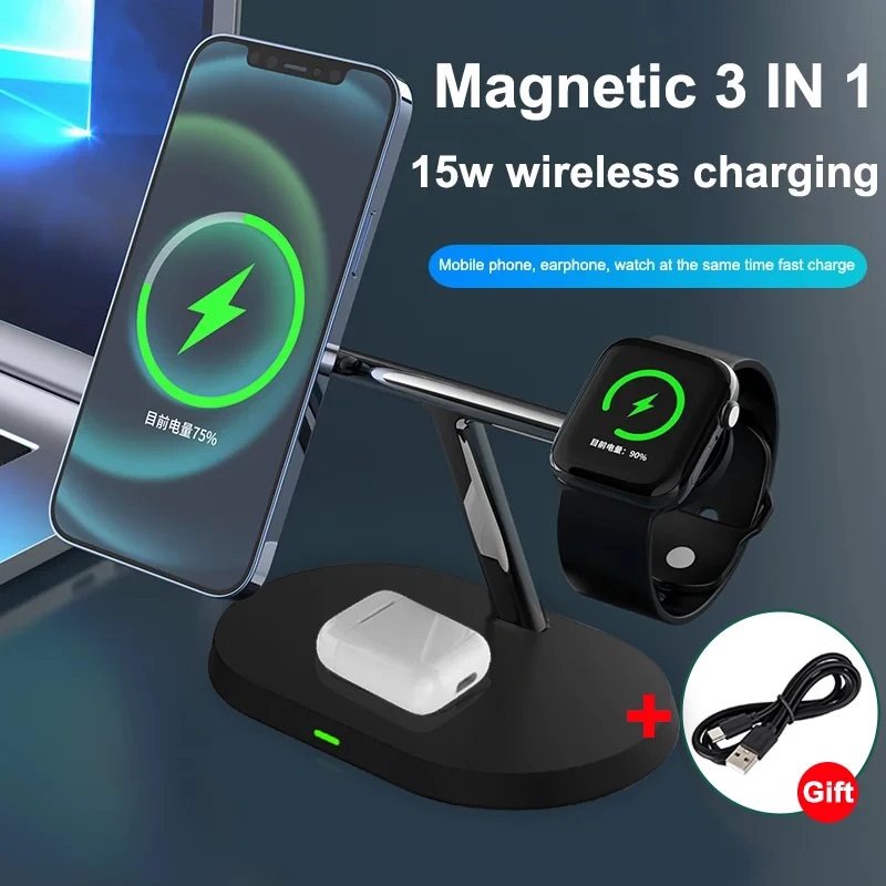 

15W 3 in 1 Magnetic Wireless Charger Stand Macsafe Fast Charging Dock Station Dock For iPhone 14 13 12 Pro Max Airpods Apple