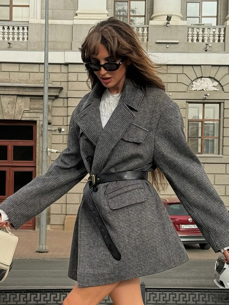 Bornladies New Women's Long Coat Breasted Blazer Collar Houndstooth Pattern Oversized Fit Flap Pockets Autumn Winter Jackets