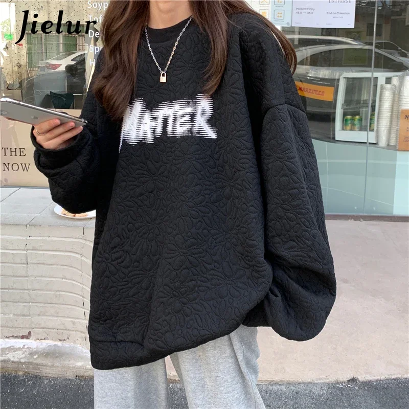 

Jielur Autumn New Loose Korean O-neck Letter Sweatshirt for Women Black White Hoodies Pullover Female Top M-XL Size