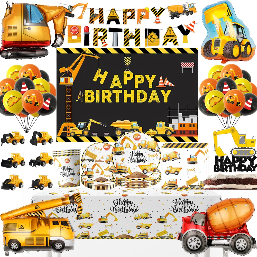 

Construction Theme Party Decoration Tractor Excavator Disposable Tableware Cup Plate Balloons Kids Boys Birthday Party Supplies