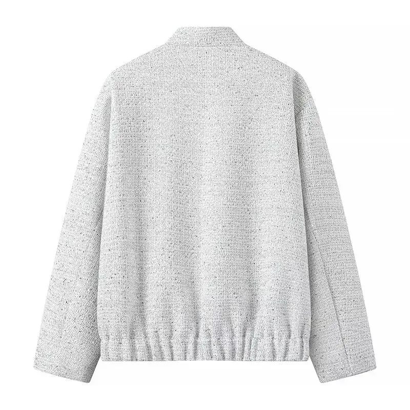 Women's Sequined Bomber Jacket Fall New Round Neck Long Sleeve Pocket Stretch Hem Sequins Jacket Coat Female Chic Outerwear Mallzona