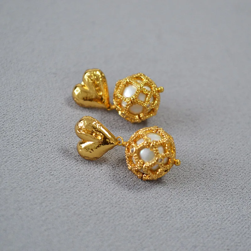 Vintage Style Earrings Gold-plated Brass Love Heat Pearl 925 Silver Needle Drop Earrings