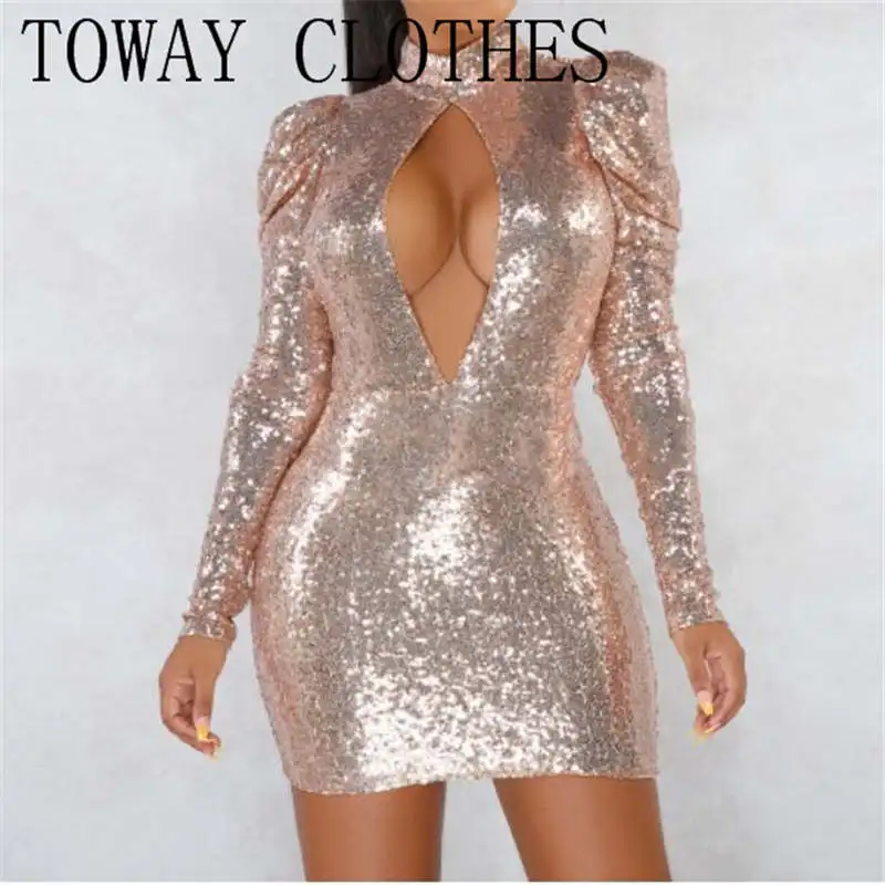 

Sequined Hollow Out Sexy Skinny Women Dress Long Sleeve O Neck Shine Fashion Nightclub Party Bodycon Dress