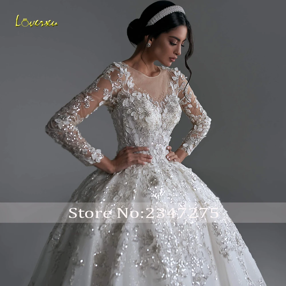 Женское свадебное платье Loverxu, роскошное платье с круглым вырезом и длинным рукавом, бальное платье с блестками и кружевом, 2024
