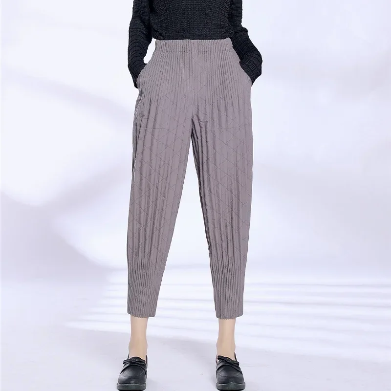 Pleated autumn winter thick cropped Harlan pants loose casual pants for women's new elastic waist tapered pants