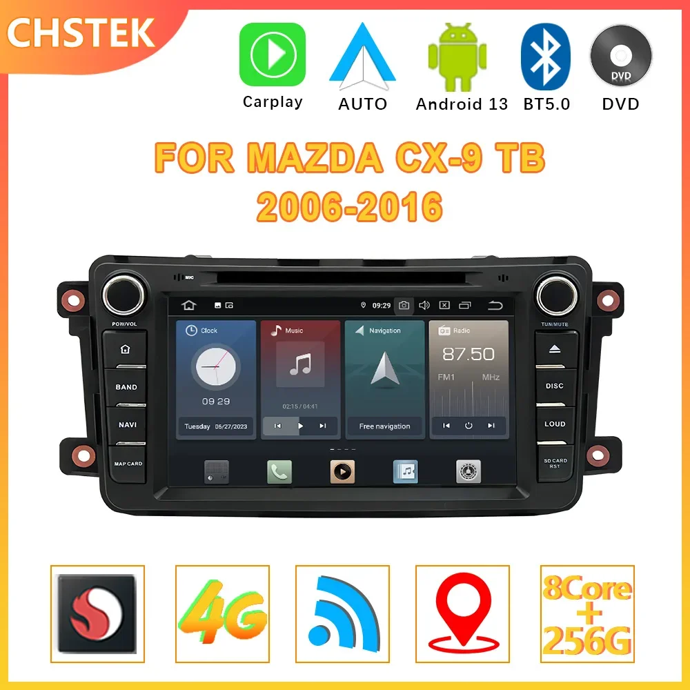 

Автомобильный радиоприемник CHSTEK Qualcomm 8 дюймов Android 12 для Mazda CX-9 CX9 CX 9 TB 2006-2016 DVD Bluetooth5.0 CarPlay WIFI 4G GPS DSP Авторадио