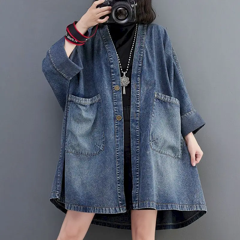 

Oversized Jean Jacket Women Fashion Design Pockets Loose Mid Length Denim Jackets Casual Olded Washed Windbreaker Trend Autumn