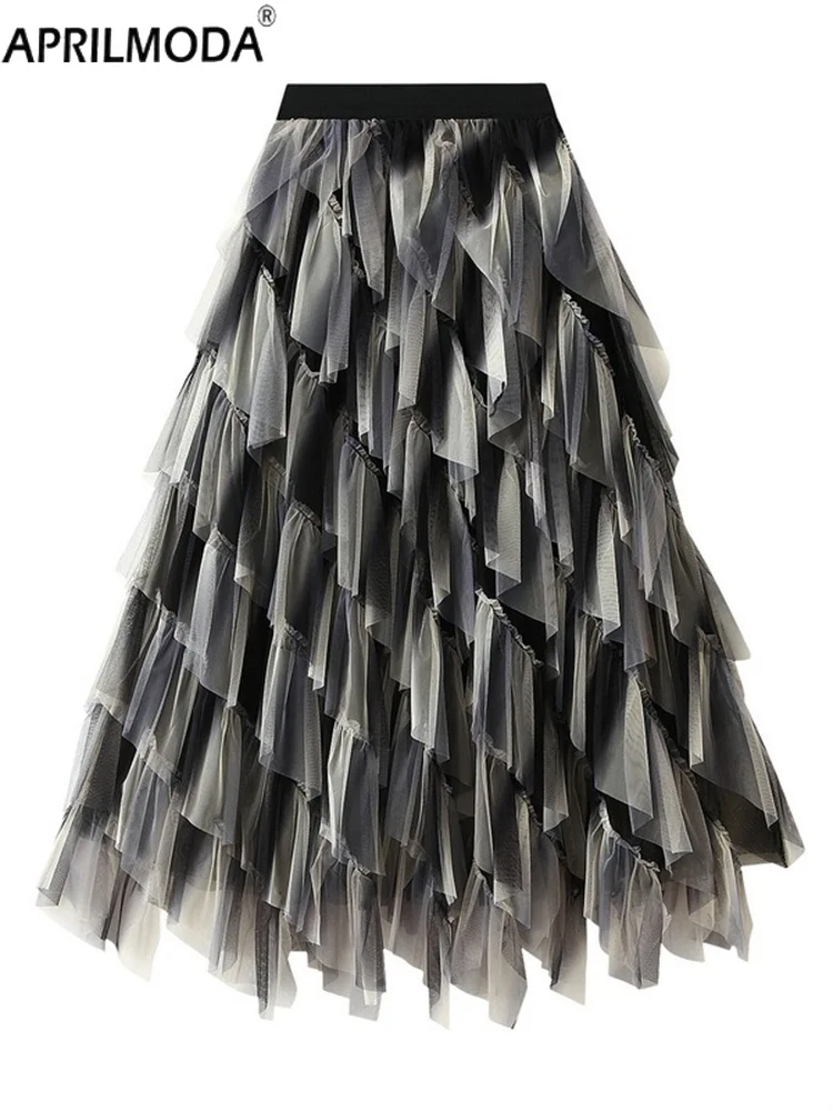 2024 Gradient Mesh Irregular Midi Long Casual Skirt High Elastic Ruffle Patchwork Rainbow Party Summer Holiday Bride Tutu Skirts 6