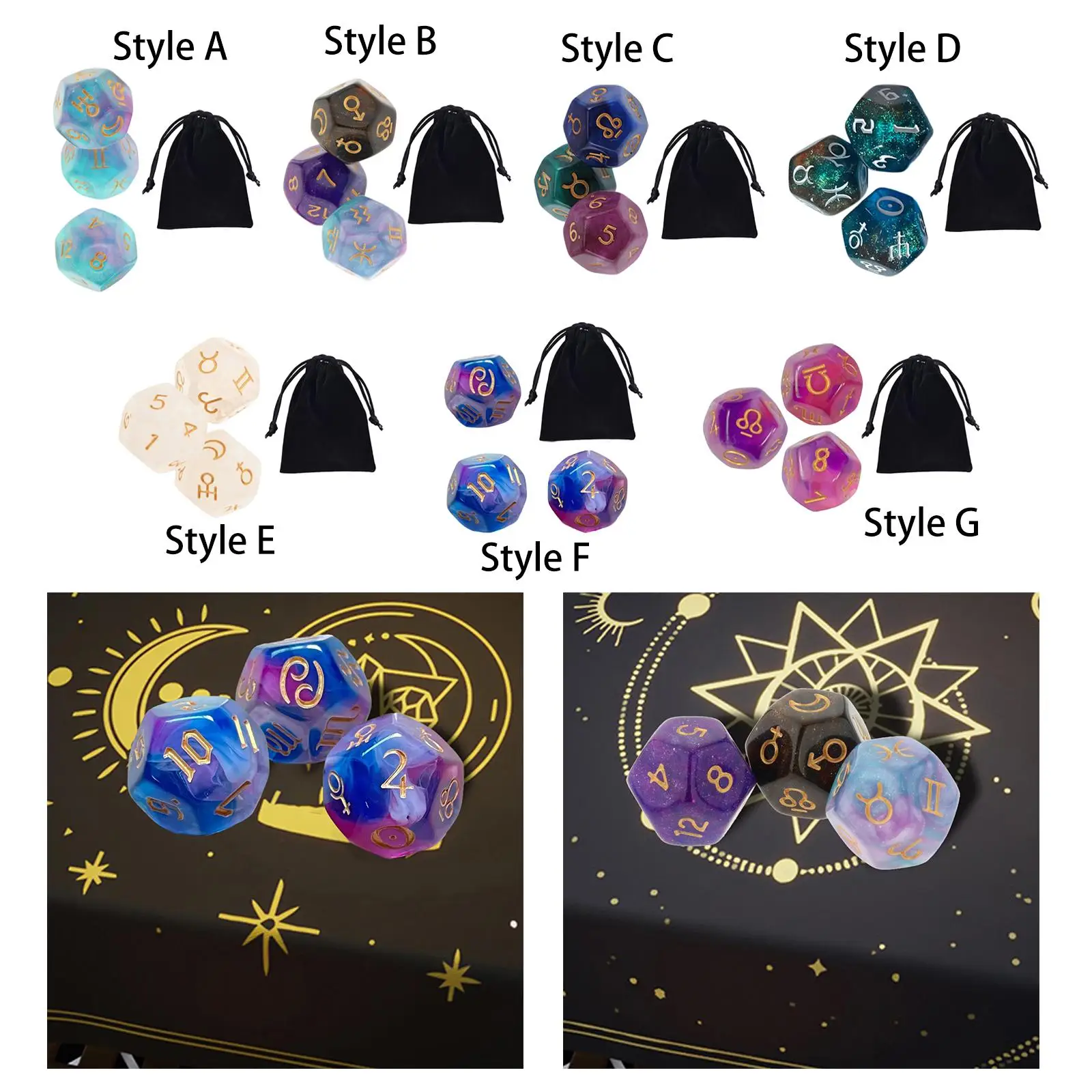 3Pcs Acrylic Astrology Dice Constellation dice Polyhedral Dices Set with Bag