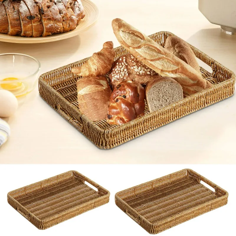 

Woven Bread Baskets With Handles Storage Basket For Parties Rectangular Rattan Serving Tray Wicker Woven Basket Bathroom Tray