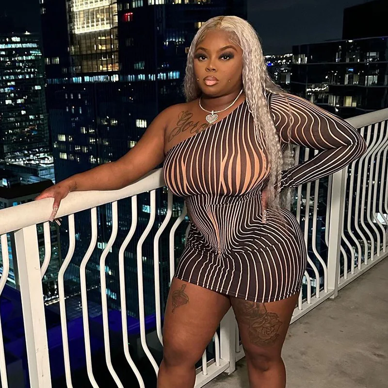 

New Vintage Striped Print Mini Dress Women Sexy See Through Inclined Shoulder Skinny Street Style Robe Female Attirewear