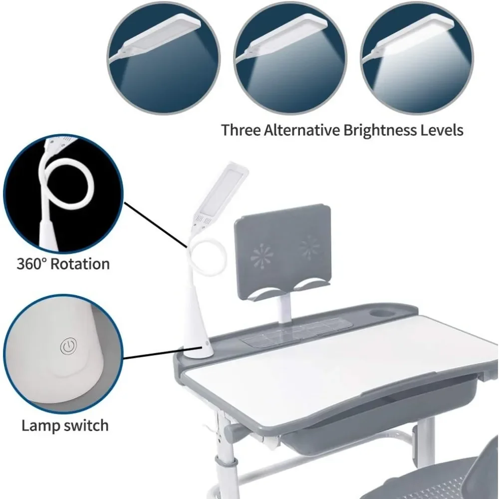 Kids Desk and Chair Set, Children School Study Desk with Tilt Desktop, Bookstand, LED Lamp, for Boys Girls, (Grey) 4