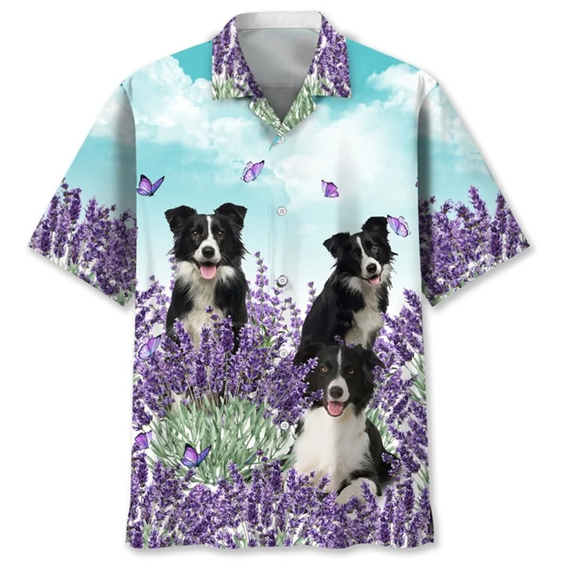 Lavender Dogs Pattern Hawaiian Shirt For Men Fashion 3d Printed Animal Shirts Summer Street Short Sleeves Lapel Button Blouse